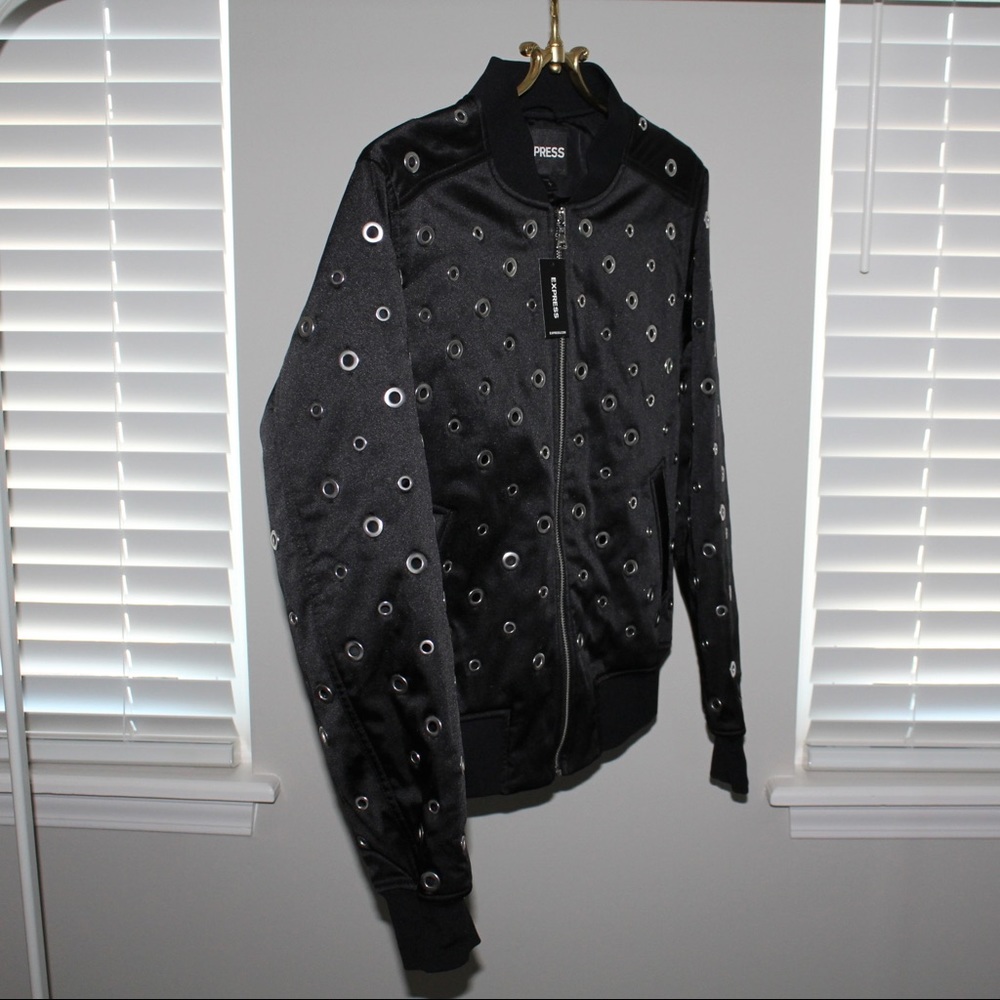 Express Black Eyelet Bomber Jacket - Picture 13 of 15
